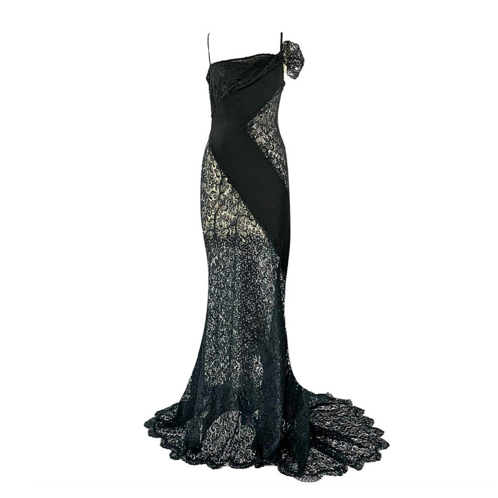 2000s Black Lace Evening Gown