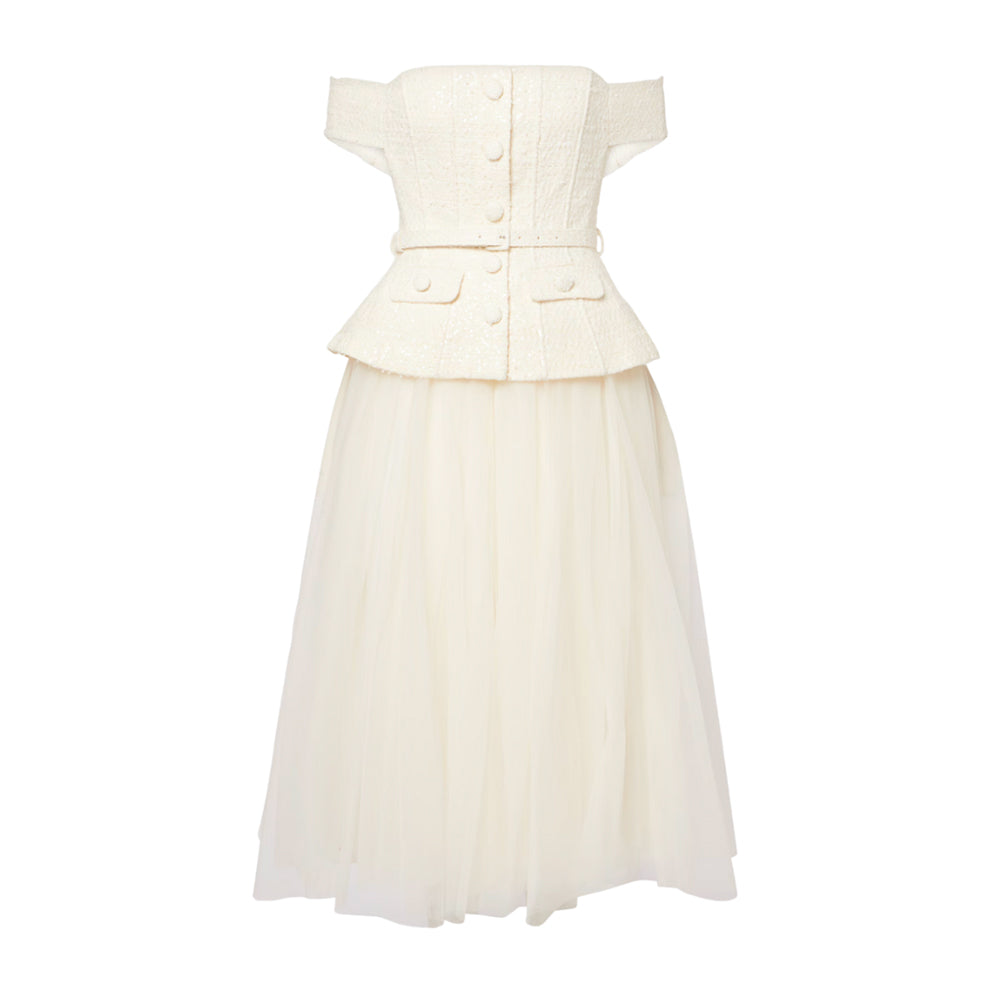 Cream Boucle Tulle Midi Dress