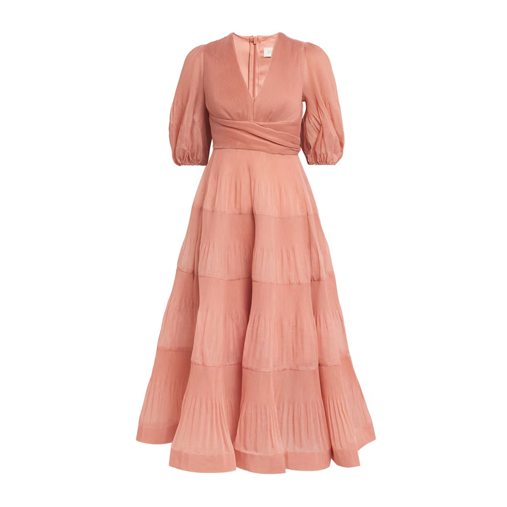 Tiered Plissé-Taffeta Midi Dress