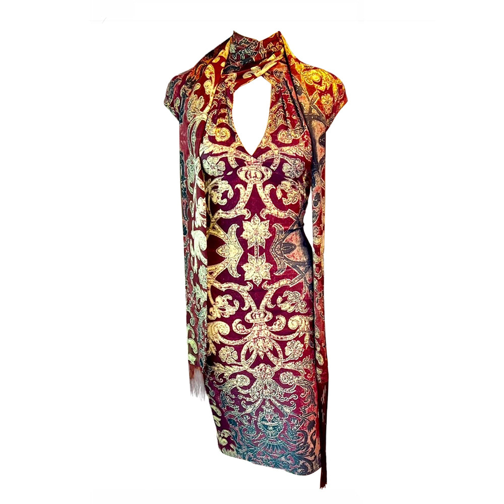 Red & Gold Body con Scarf Dress F/W 2004.