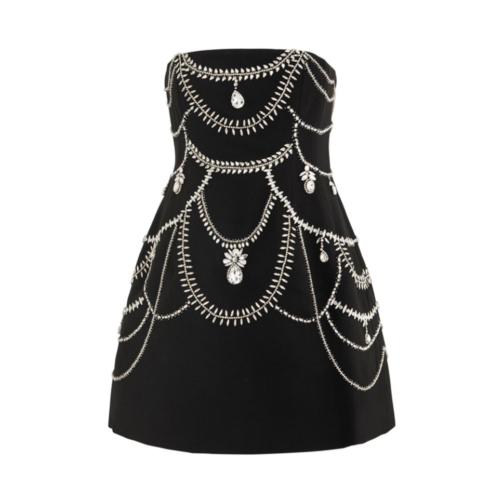 Crystal embellished mini dress.