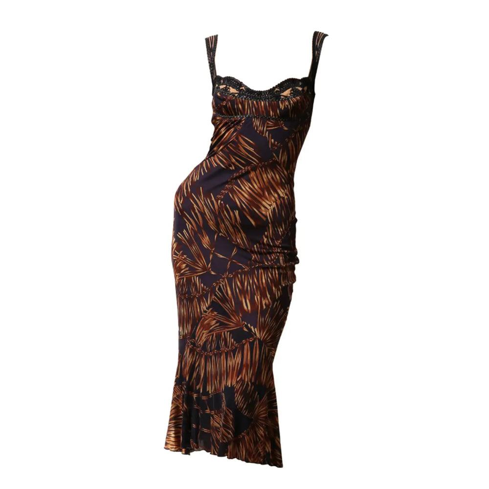 Spring 2006 Blue & Brown Leather Silk Midi Dress